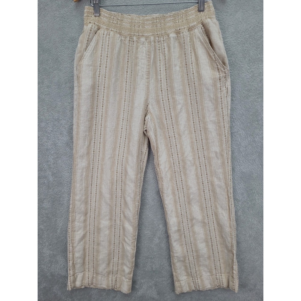 Briggs Women Linen Blend Wide Leg Pants Sz L Tan White Stripe Pull On Style